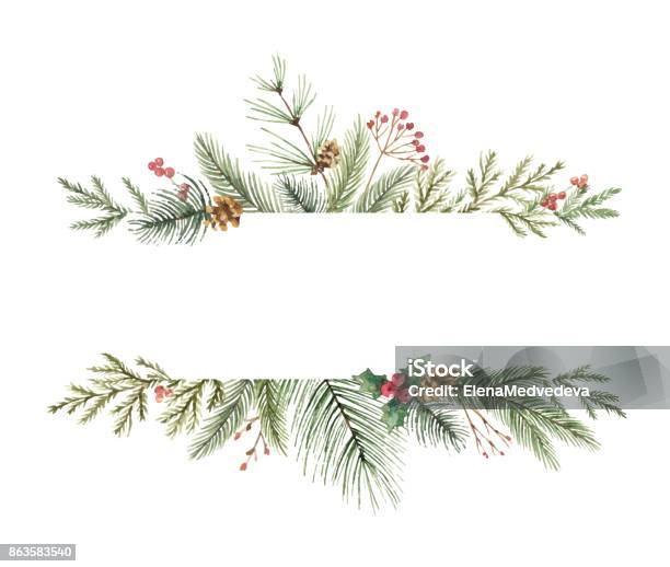 Watercolor Vector Christmas Banner With Fir Branches And Place For Text Stock Illustration - Download Image Now