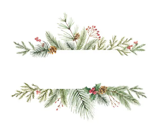 Vector illustration of Watercolor vector Christmas banner with fir branches and place for text.