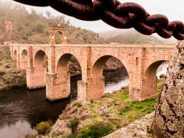 Fog day in the Roman Bridge of Alcantara.Caceres.Spain.