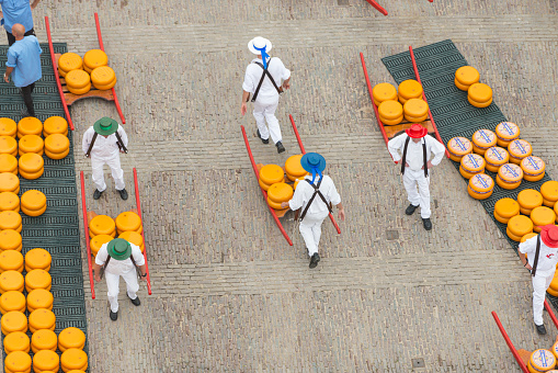 Horizontal color image of cheese carriers at the famous Alkmaar cheese market. Shot directly from above. Four carriers are carrying the cheese on a wooden stretcher to the transporters. Cheese Market is a famous event happening in Alkmaar from April to October during the year.