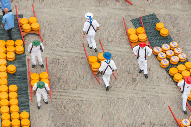 Cheese carriers Alkmaar Horizontal color image of cheese carriers at the famous Alkmaar cheese market. Shot directly from above. Four carriers are carrying the cheese on a wooden stretcher to the transporters. Cheese Market is a famous event happening in Alkmaar from April to October during the year. cheese market stock pictures, royalty-free photos & images