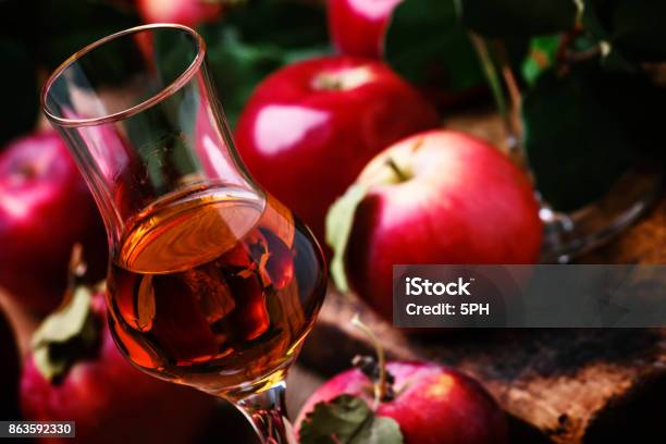 French Strong Golden Alcoholic Drink From Apples Stock Photo - Download Image Now - Apple - Fruit, Bourbon Whiskey, Alcohol - Drink