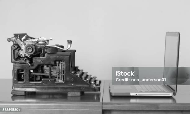 New And Old Tipe Machines Black And White Photo Stock Photo - Download Image Now - Computer Monitor, Desk, Desktop PC