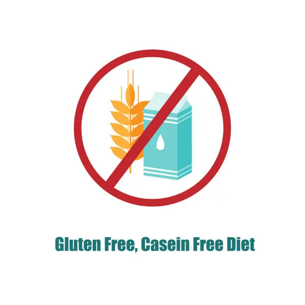 Vector illustration of Gluten and Casein free icon. Crosed sign with pack of milk and wheat ear. Symbol of diet that could be helpful for people with autism, epilepsy, schizophrenia, and other brain problems