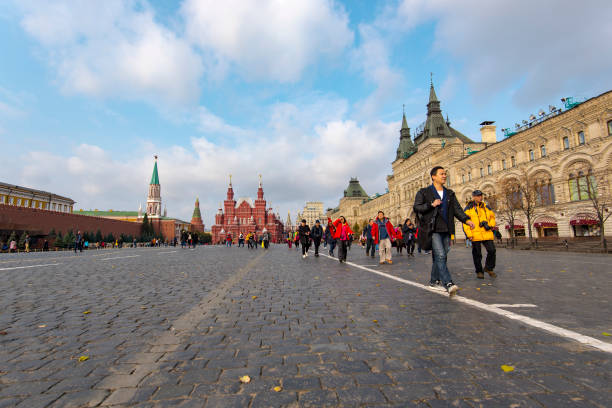 Asian tourists at the Red square in Moscow on October 18. 2017 in Russia