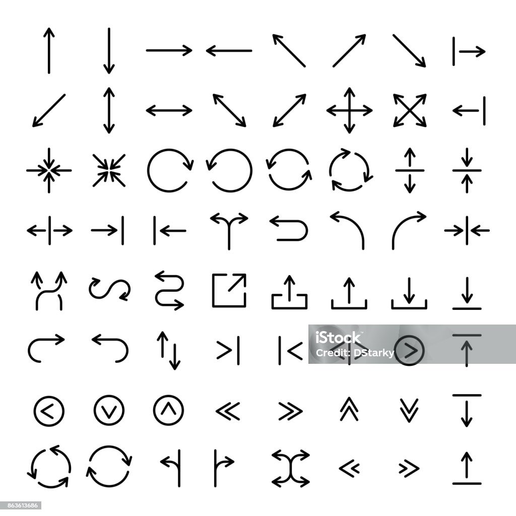 Set of 64 arrow thin line icons. Set of 64 arrow thin line icons. High quality pictograms of direction. Modern outline style icons collection. Recycle, forward, backward, next, traffic, etc. In A Row stock vector