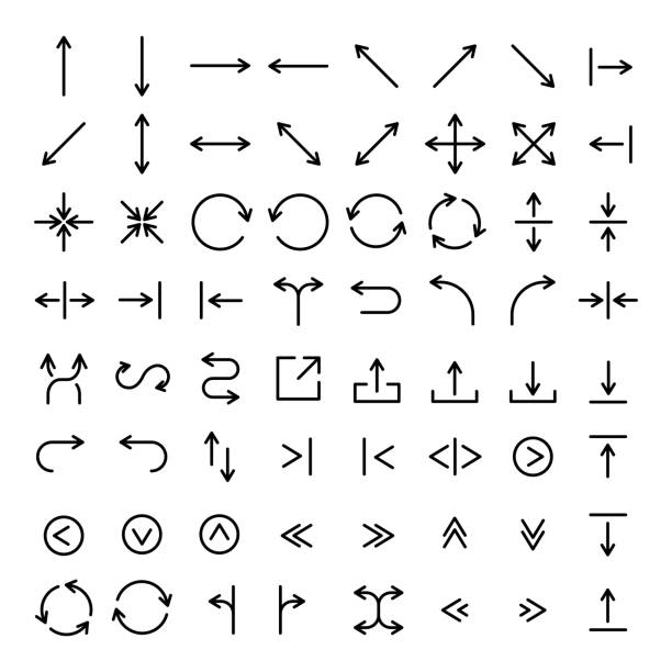 Set of 64 arrow thin line icons. Set of 64 arrow thin line icons. High quality pictograms of direction. Modern outline style icons collection. Recycle, forward, backward, next, traffic, etc. thin stock illustrations