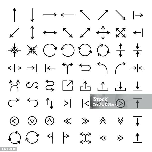 Set Of 64 Arrow Thin Line Icons Stock Illustration - Download Image Now - In A Row, Thin, Outline