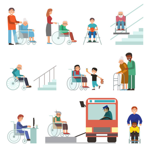 Disabled handicapped diverse people wheelchair invalid person help disability characters vector illustration Disabled handicapped diverse people wheelchair invalid person help disability characters vector illustration. Support life disable medical assistance. aids walk stock illustrations