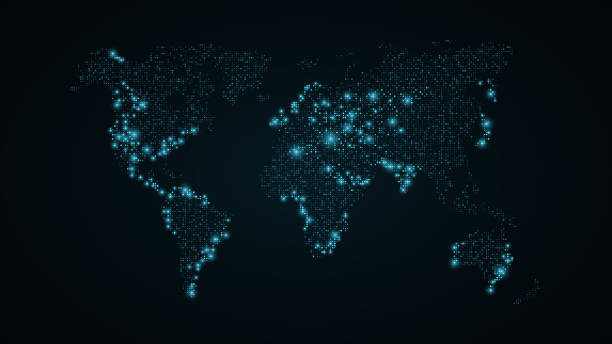 istock Abstract world map. Blue map of the earth from the square points. Dark blue background. Blue lights. High tech. Sci-fi technology. Big cities. Global network. Vector illustration 863621300