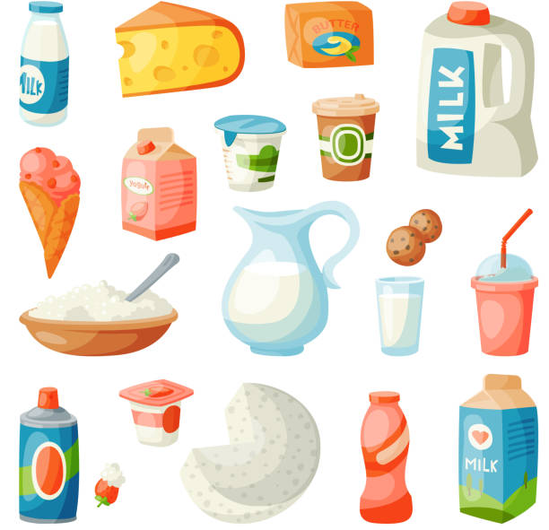 illustrations, cliparts, dessins animés et icônes de produits laitiers lait au style plat petit déjeuner gourmet repas bio frais régime alimentaire boisson lactée ingrédient nutrition illustration vectorielle - yogurt jar cream milk