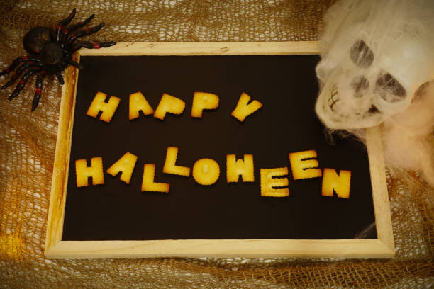 istock Happy Halloween words decoration with skull background 863659512