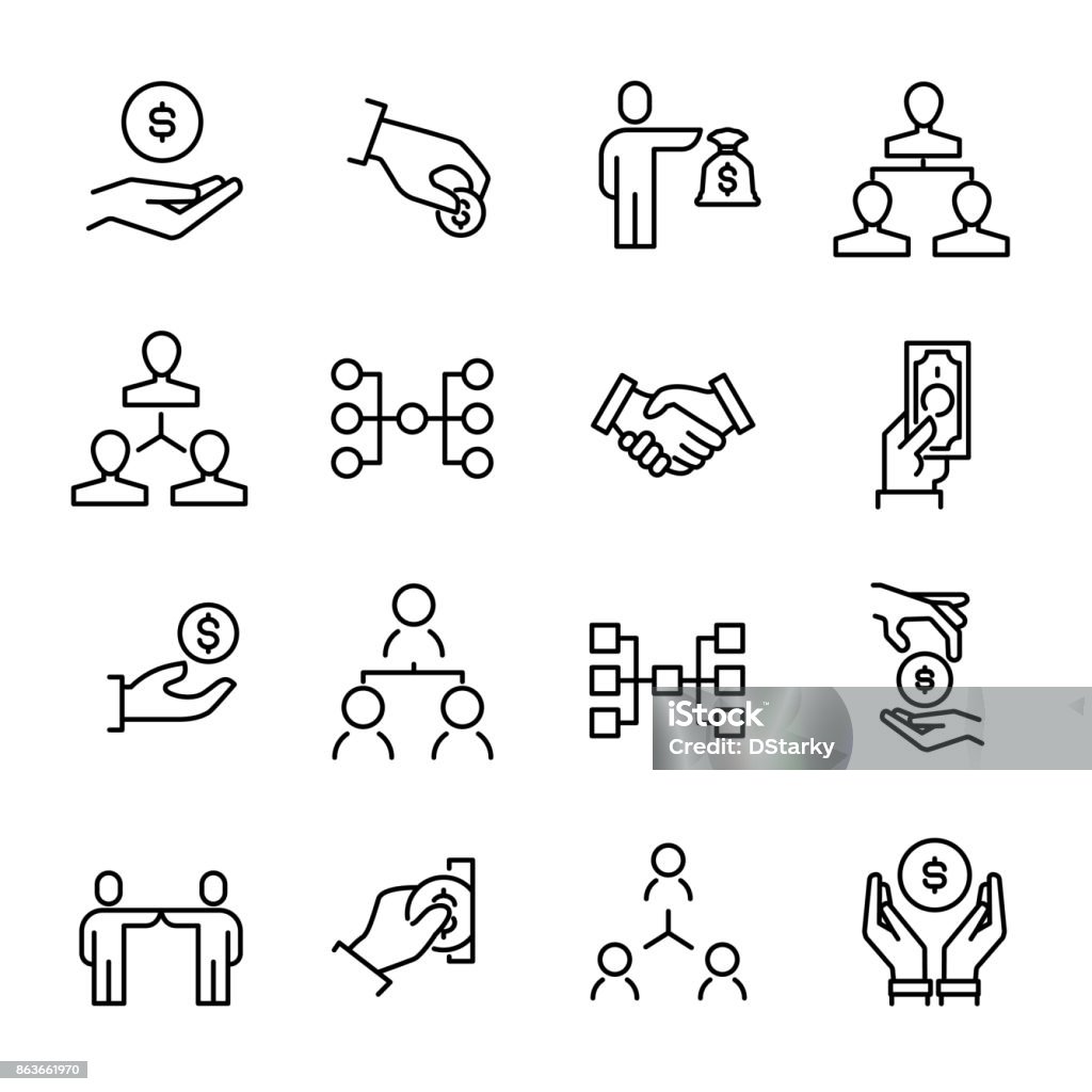 Simple collection of crowdfunding related line icons. Simple collection of crowdfunding related line icons. Thin line vector set of signs for infographic, logo, app development and website design. Premium symbols isolated on a white background. Icon Symbol stock vector