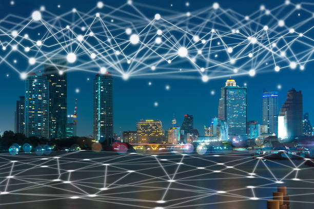 istock Communication network of Bangkok cityscape river side at twilight time, Technology Smart City with Internet of Things concept 863671016