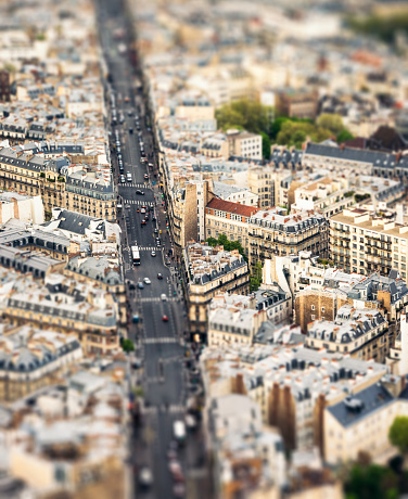 A high angle view over the Montparnasse district of central Paris, with a tilt/shift image technique used.