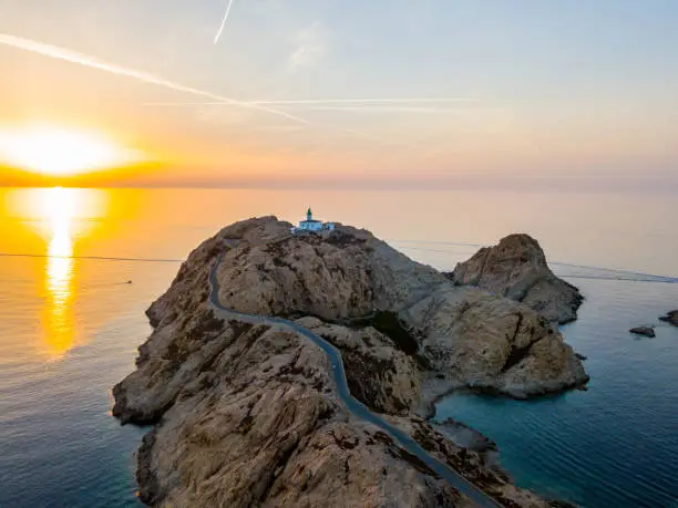 Photo of Aerial view of the Pietra Lighthouse at sunset, Ile-Rousse, Red Island Corsica, Corsica, France