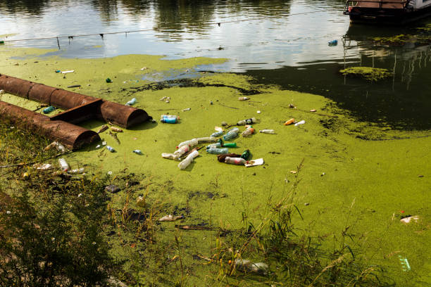 Polluted river full of various garbage