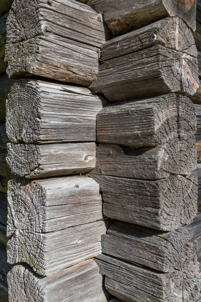 istock Ancient wooden log barn corner background and texture 863690426