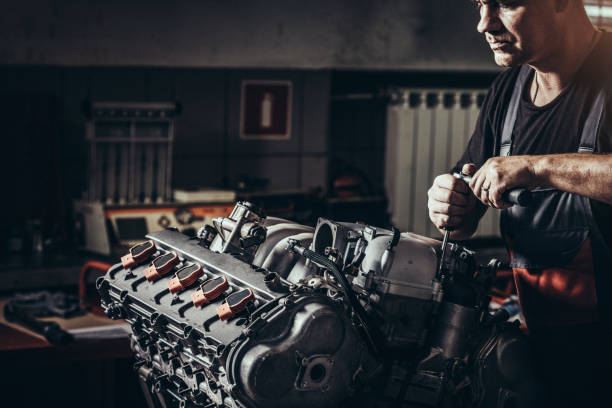 Professional truck service mechanic working.