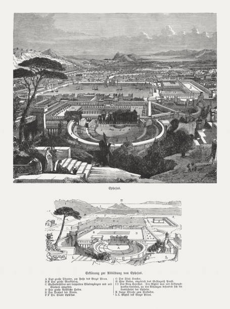 древний эфес (с объяснением зданий), опубликованный в 1886 году - ephesus greek culture temple greece stock illustrations