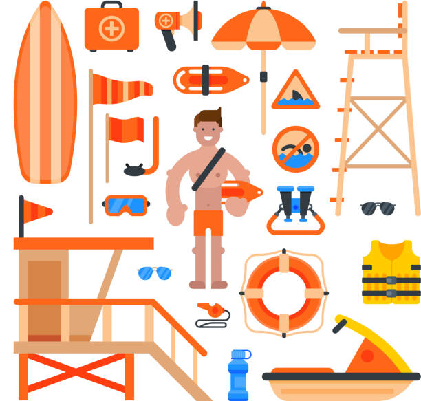 illustrazioni stock, clip art, cartoni animati e icone di tendenza di soccorritore salvavita operaio sulla spiaggia e di bagnino bagnino salvavita spiaggia escogita illustrazione vettoriale - life jacket life belt buoy float