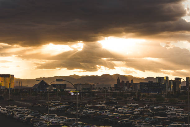Sun Shining Through Clouds Over Las Vegas Skyline stock photo