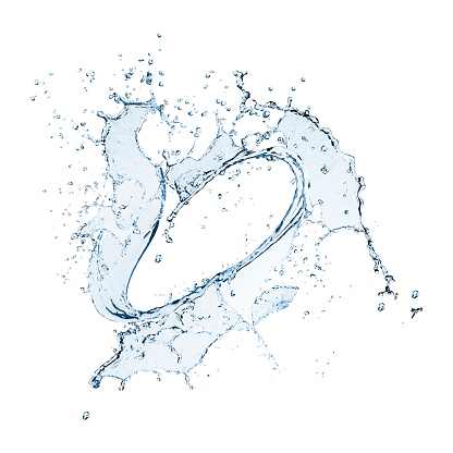 A circular shaped water splash is isolated on a white background. The water is blue and transparent.
