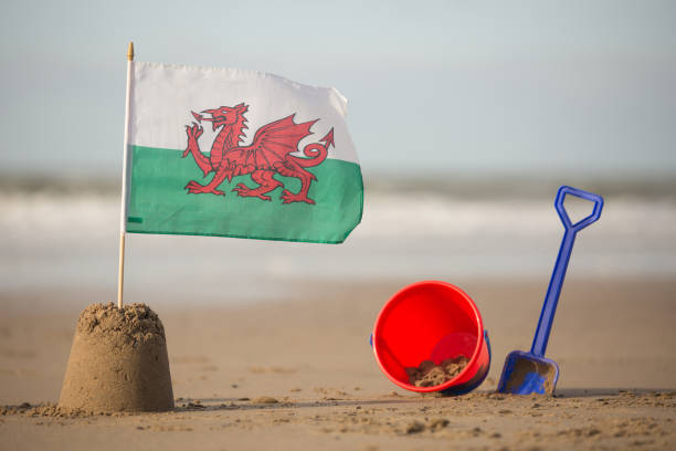 walijska flaga w zamku z piasku z wiadrem i łopatą - welsh flag welsh culture flag green zdjęcia i obrazy z banku zdjęć