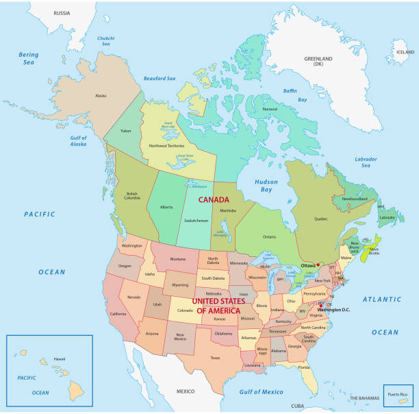 ilustraciones, imágenes clip art, dibujos animados e iconos de stock de mapa de canada y united staes administrativa y política - cartography canada white map