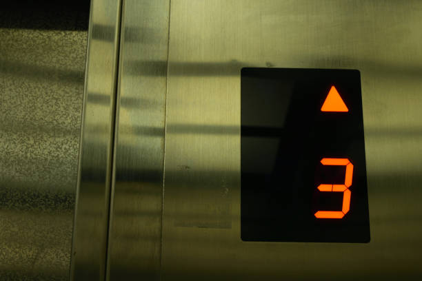Elevator display with 3 floors and a rising sign