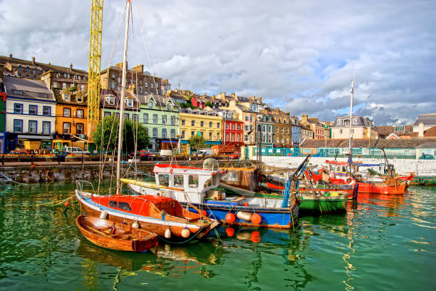 Cobh Town in Ireland Cobh town, boats in sea harbour in Ireland, Cork County, HDR technique fishing boat photos stock pictures, royalty-free photos & images