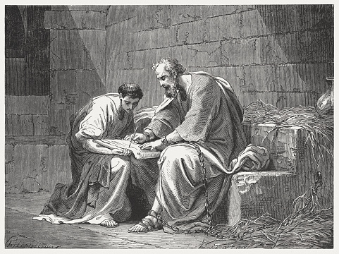 Paul ends the letter to the Ephesians, and hands it over to Tychicus (Ephesians 6, 21 - 23). Wood engraving, published in 1886.