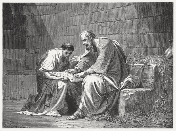 Paul writes to the Ephesians (Ephesians 6, 21-23), published 1886 Paul ends the letter to the Ephesians, and hands it over to Tychicus (Ephesians 6, 21 - 23). Wood engraving, published in 1886. ancient roman civilization stock illustrations