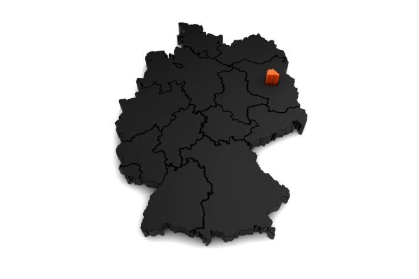 istock black germany map, with Berlin region, highlighted in orange.3d render 863734596