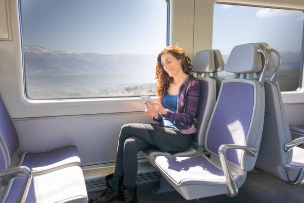 istock side view of woman in train touching smartphone 863743642