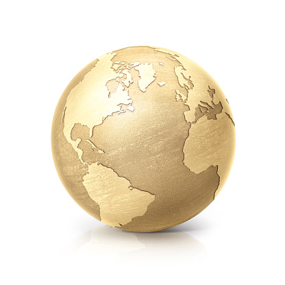 globo de cobre amarillo del norte y América del sur mapa sobre fondo blanco photo