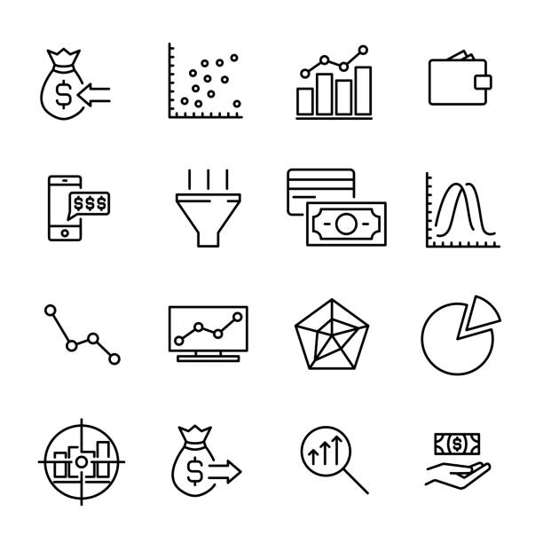 illustrazioni stock, clip art, cartoni animati e icone di tendenza di semplice raccolta di icone di linea relative agli investimenti. - finance stock market data diagram calculator