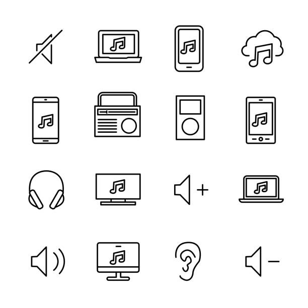 prosta kolekcja ikon linii związanych z muzyką mobilną. - musical note audio stock illustrations