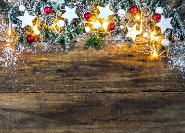 istock Christmas background with red and white ornaments, lights and snow 863765148