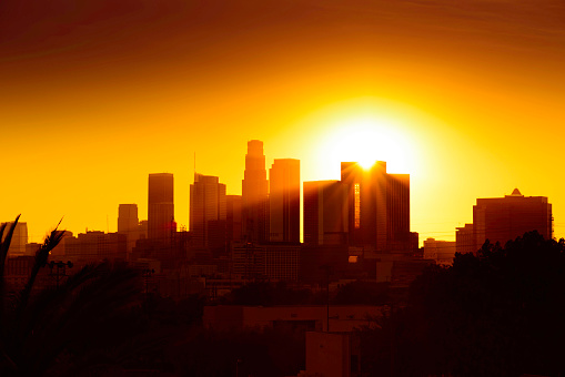 Beautiful sunset of Los Angeles downtown skyline