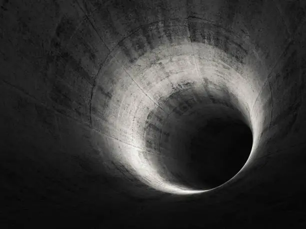 Round dark concrete tunnel. Abstract digital background, 3d render illustration
