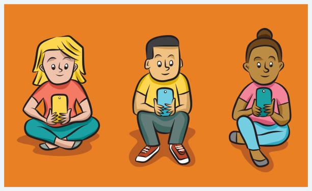 Screen Time 3 young children sitting next to each other looking intently at their phones. junior high age stock illustrations