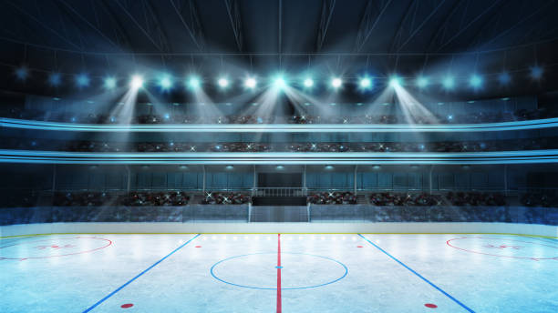 estadio de hockey con multitud de fans y una pista de hielo vacía - hockey rink fotografías e imágenes de stock