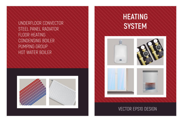 system ogrzewania. konwektor rowu, pompa, kocioł, grzejnik stalowy panel, ogrzewanie podłogowe. ilustracja wektorowa projektu. - row house illustrations stock illustrations