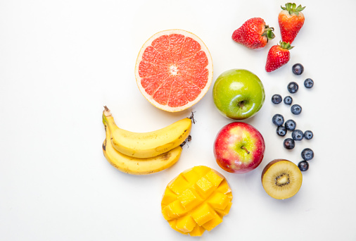 A top down shot of nutritious breakfast cereal with fruit