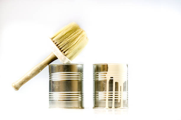 istock Paint can and brushes on a white background. Paint and repair accessories. Isolated. 863825828