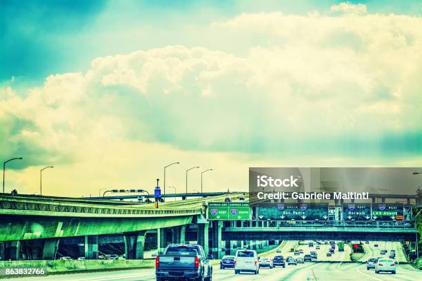 Traffic On 110 Freeway Southbound Stock Photo - Download Image Now - Highway 405, City Of Los Angeles, Multiple Lane Highway
