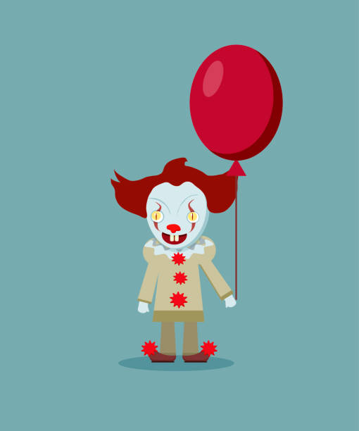 векторная иллюстрация страшного злого клоуна с красным шариком. вечеринка на хэллоуин. плоский стиль. - clown evil horror spooky stock illustrations