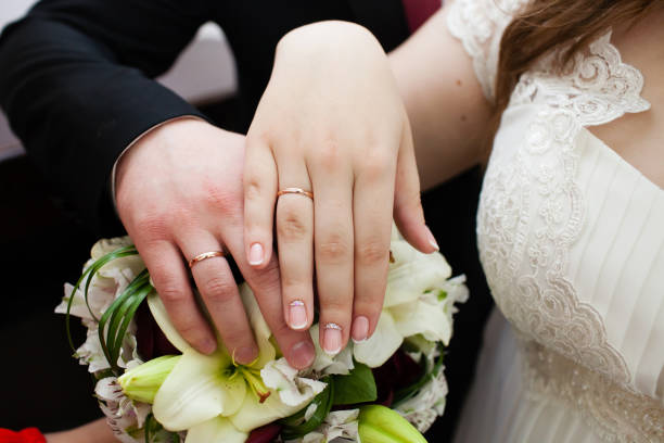 istock Bride and groom hands with wedding rings 863836598