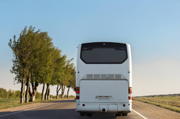 White intercity bus is driving along the road. White intercity bus is driving along the road. Back view. Sunny day. The sky without clouds. coach bus photos stock pictures, royalty-free photos & images